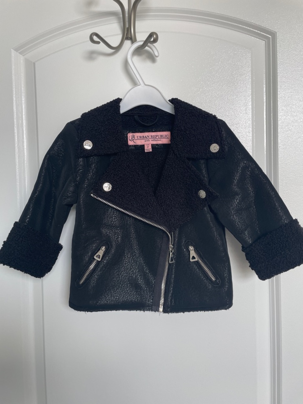 Urban Republic Black Faux Leather Sherpa Moto Jacket for Kids